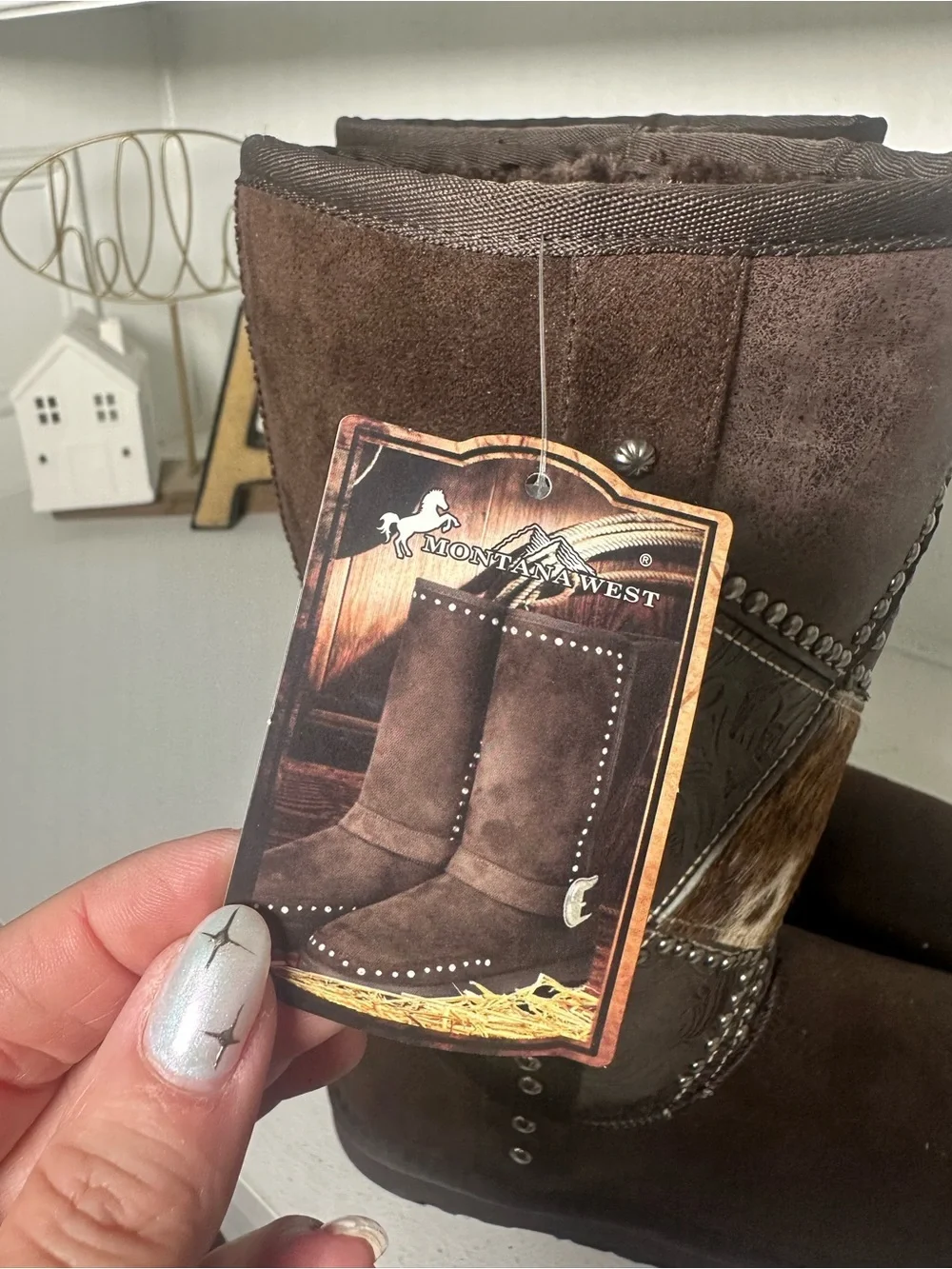 Montana West Women’s Size 8 Brown Western Winter Boots Cowhide Studded Mid Calf
